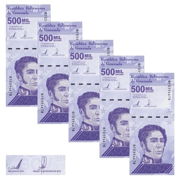 Venezuela - 5 Cédulas de 500 Mil Bolivares Soberanos 2020 - P-113a - Sequência - FE
