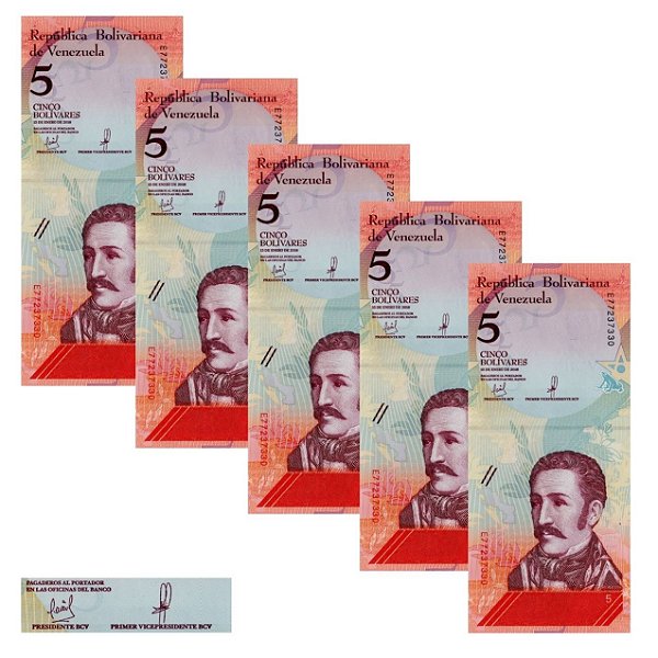 Venezuela - 5 Cédulas de 5 Bolivares Soberanos 2018 - P-102a - Jose Felix Ribas - Sequência - FE