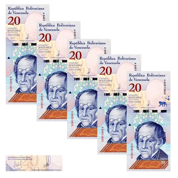 Venezuela - 5 Cédulas de 20 Bolivares Soberanos 2018 - P-104a - Simon Rodriguez - Sequência - FE