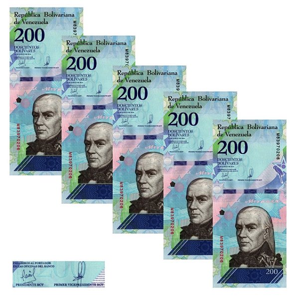 Venezuela - 5 Cédulas de 200 Bolivares Soberanos 2018 - P-107b - Francisco de Miranda - Sequência - FE