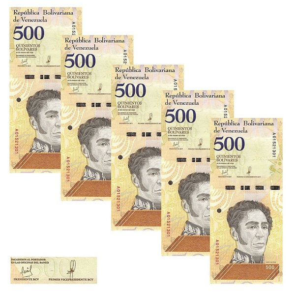 Venezuela - 5 Cédulas de 500 Bolivares Soberanos 2018 - P-108a - Simon Bolivar - Sequência - FE