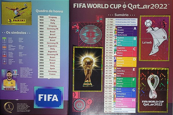 Figurinhas Extras 00 a FW7 - Copa do Qatar 2022 - Logos Panini e Fifa, Logo da Copa, Mascote da Copa, Taça da Copa - 8 Figurinhas - Original Panini