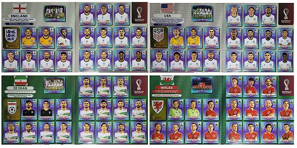 Kit com as 4 Seleções do Grupo B - Inglaterra - Irã - Estados Unidos e Pais de Gales - Todas as 80 Figurinhas - Grupo A - Copa do Qatar 2022 - Original Panini