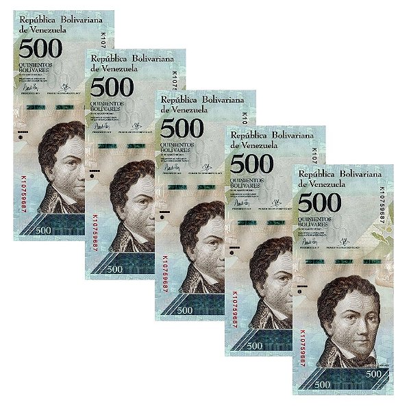 Venezuela - 5 Cédulas de 500 Bolivares Forte 2017 - P-94b - Francisco de Miranda - Sequência - FE