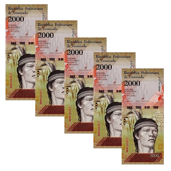 Venezuela - 5 Cédulas de 2000 Bolivares Forte 2016 - P-96b - Guaicaipuro - Sequência - FE