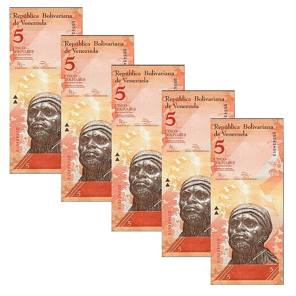 Venezuela - 5 Cédulas de 5 Bolivares Forte 2014 - P-89f - Negro Primero - Sequência - FE