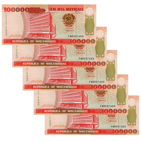 Moçambique - 5 Cédulas de 100000 Meticais 1993 - P-139 - Sequência - FE