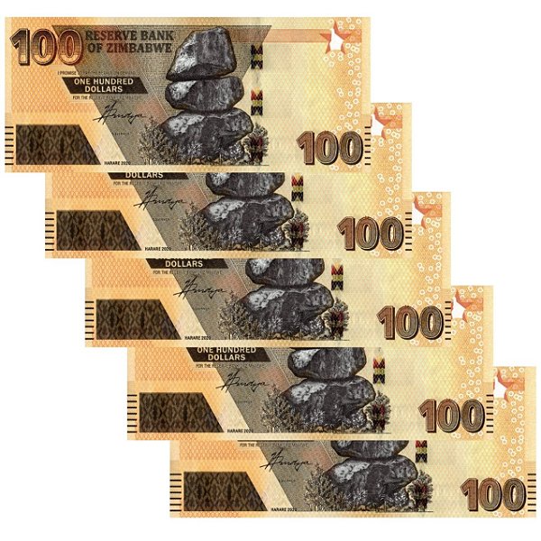Zimbabwe - 5 Cédulas de 100 Dollars 2020 - P-106a - Hibrida - Sequência - FE