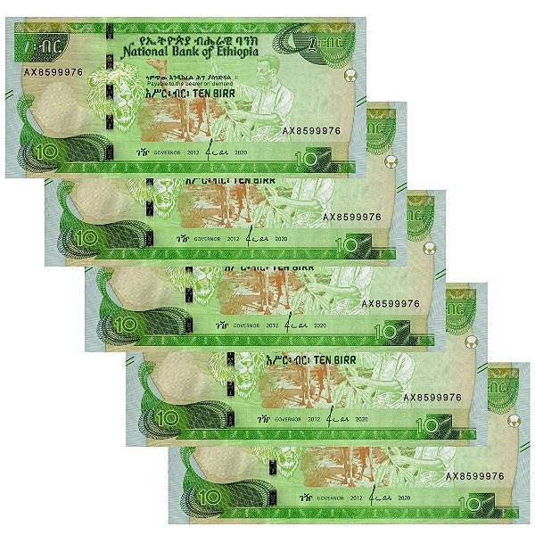 Etiópia - 5 Cédulas de 10 Birr 2020 - P-53a - 2012 Ephiopian Era - Sequência - FE