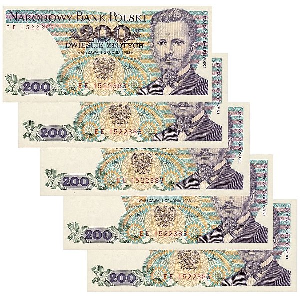 Polonia - 5 Cédulas de 200 Zlotych 1988 - P-144c - Jaroslaw Dabrowski - Sequência - FE