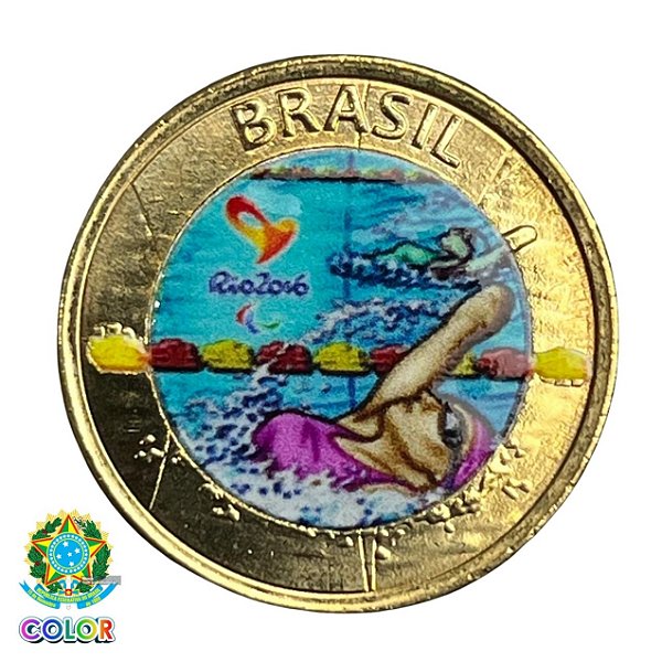 Colorida - Moeda 1 Real 2016 - Natação Paralimpica - V-620 - Colorizada - Flor de Cunho