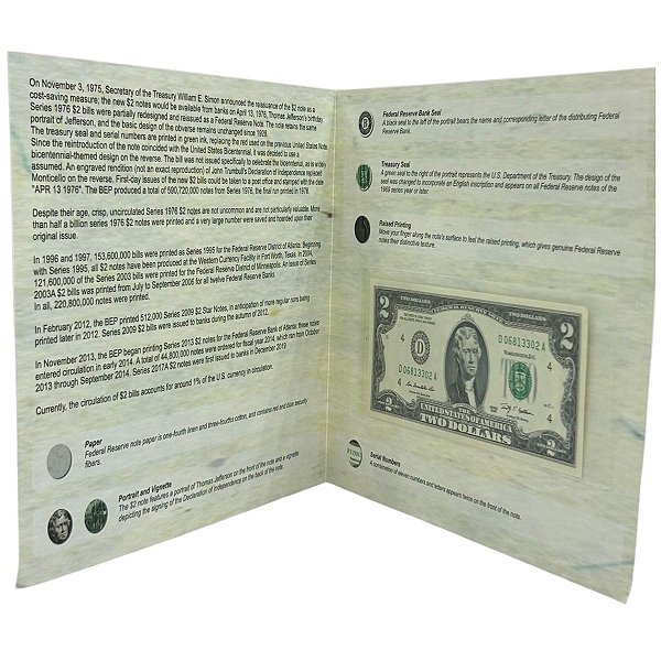 Estados Unidos - Folder com a Cédula de 2 Dollars 2009 - P-530aD - Letra D (Cleveland) - FE