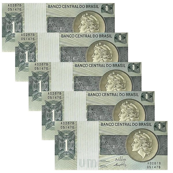 Brasil - 5 Cédulas de 1 Cruzeiro 1970 C-129 - A02878 - Efigie - Sequência - FE