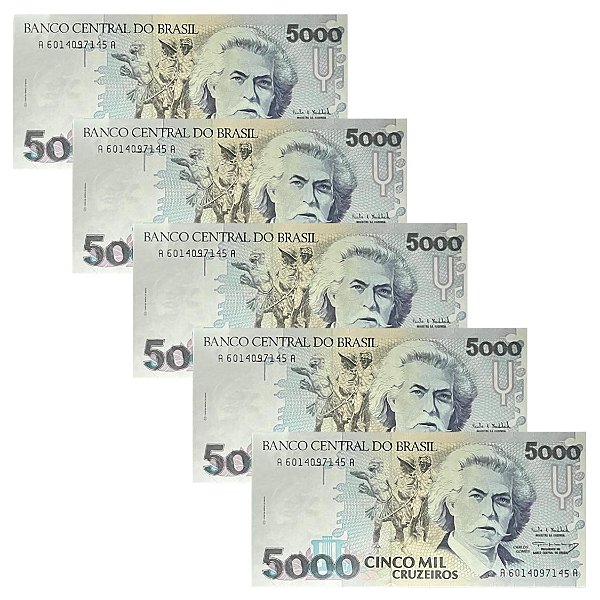 Brasil - 5 Cédulas de 5.000 Cruzeiros 1993 C-221 - Carlos Gomes - Sequência - FE
