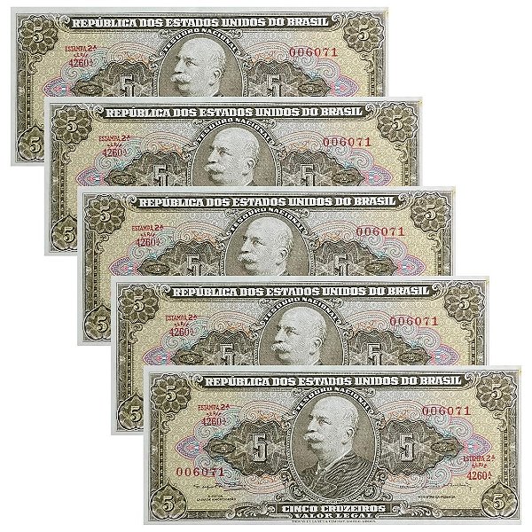 Brasil - 5 Cédulas de 5 Cruzeiros 1964 C-074b - 2ª Estampa - Série 4260 - Sequência - Sob/Fe