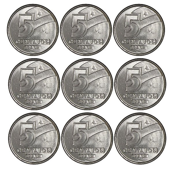 Promoção - 9 Moedas de 5 Centavos 1989 - V-406 - Pescador - Aço Inox - Flor de Cunho