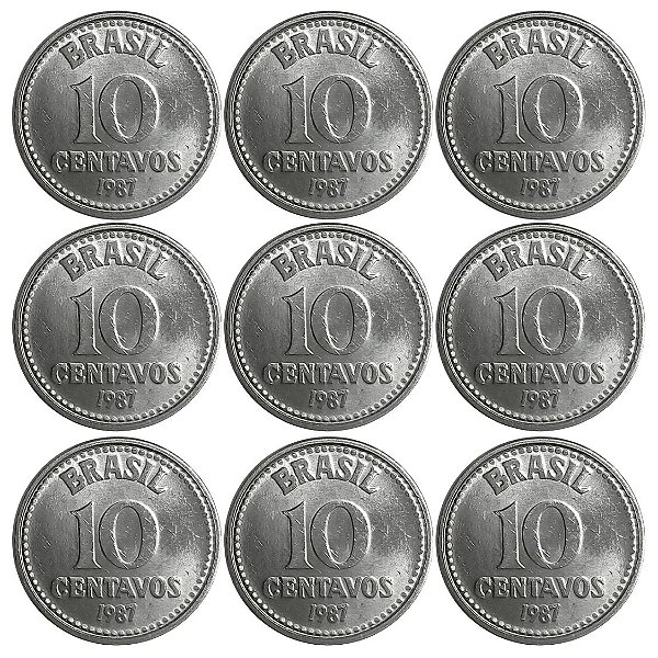Promoção - 9 Moedas de 10 Centavos 1987 - V-387 - Aço Inox - Flor de Cunho