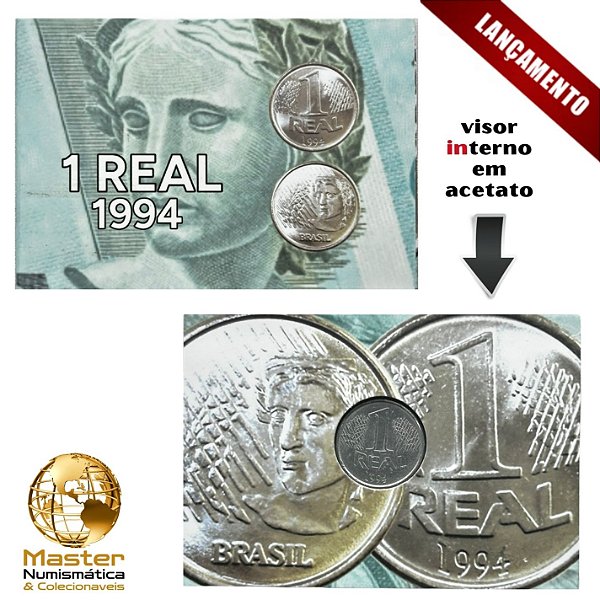 Cartela com visor contendo a Moeda de 1 Real 1994 - V-454 - Aço Inox - Circulada