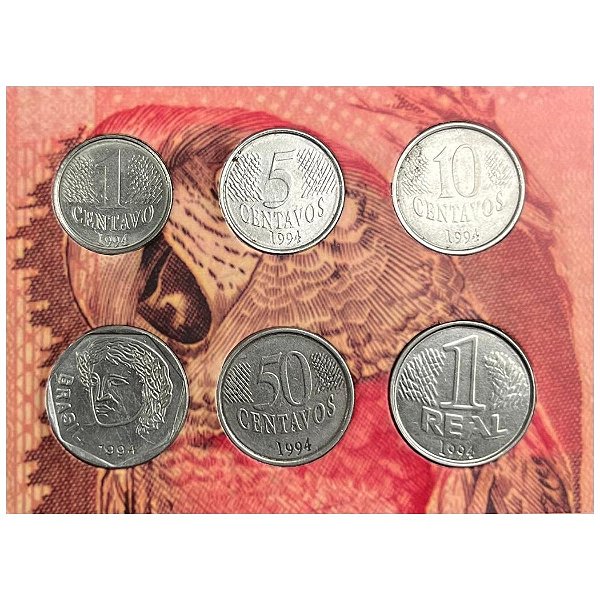 Cartela com a Série completa do Real 1994 - 1 centavo a 1 Real - Aço Inox - Circuladas