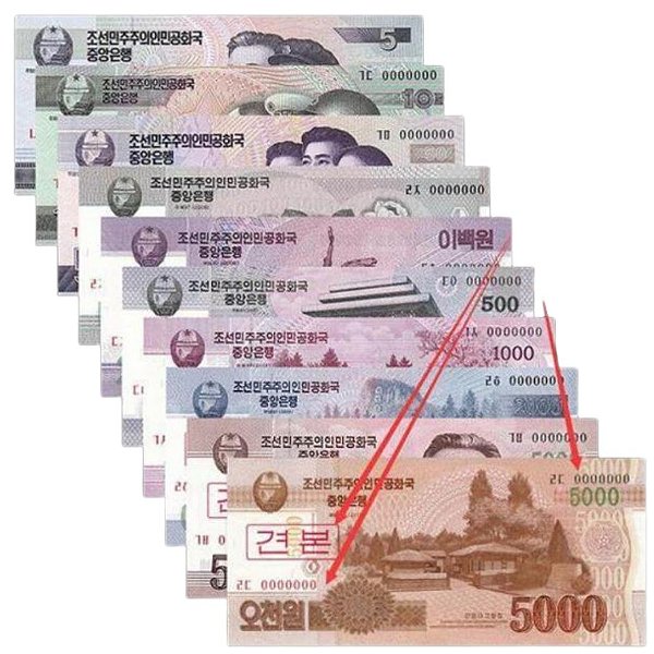 Coréia do Norte - Spécimen - Série com 10 Cédulas de 5 a 5000 Won 2002/2008 - FE