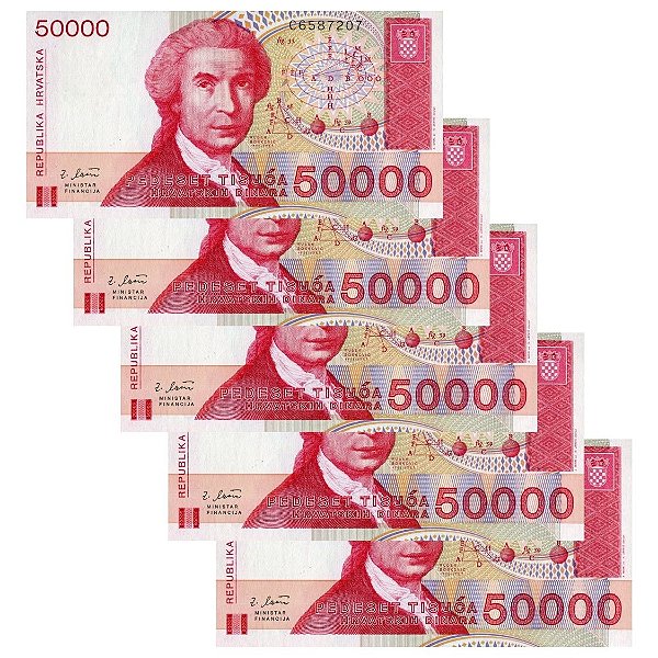 Croacia - 5 Cédulas de 50.000 Dinara 1993 - P-26a - Sequência - FE