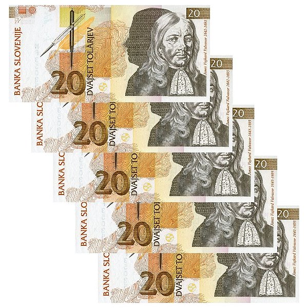 Eslovenia - 5 Cédulas de 20 Tolarjev 1992 - P-12a - Sequência - FE