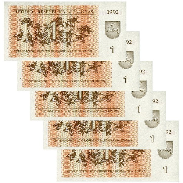 Lituania - 5 Cédulas de 1 Talonas 1992 - P-39a - Sequência - FE