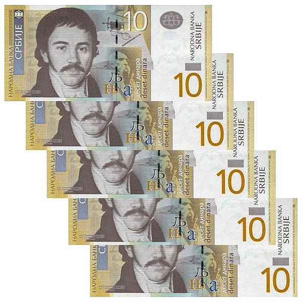 Promoção - Servia - 5 Cédulas de 10 Dinara 2013 - P-54b - Sequência - FE
