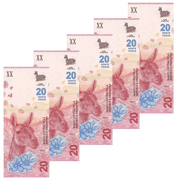 Argentina - 5 Cédulas de 20 Pesos 2017 - P-361a - Guanaco - Sequência - FE
