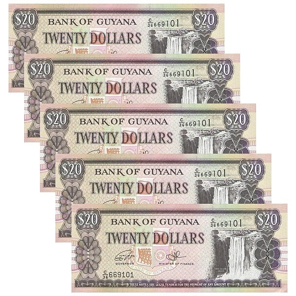 Guiana - 5 Cédulas de 20 Dollars 2016 - P-30f - Sequência - FE