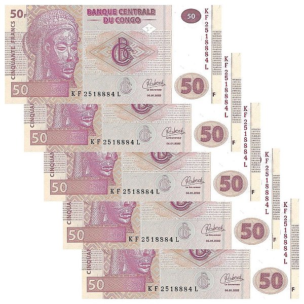 Congo - 5 Cédulas de 50 Francs 2022 - P-97Ab - Sequência - FE