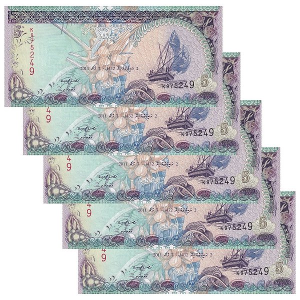Maldivas - 5 Cédulas de 5 Rufiyaa 2011 - P-18e - Sequência - FE