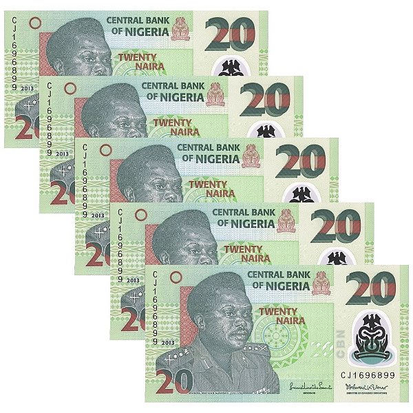 Nigéria - 5 Cédulas de 20 Naira 2013 - P-34i - Polímero - Sequência - Flor de Estampa