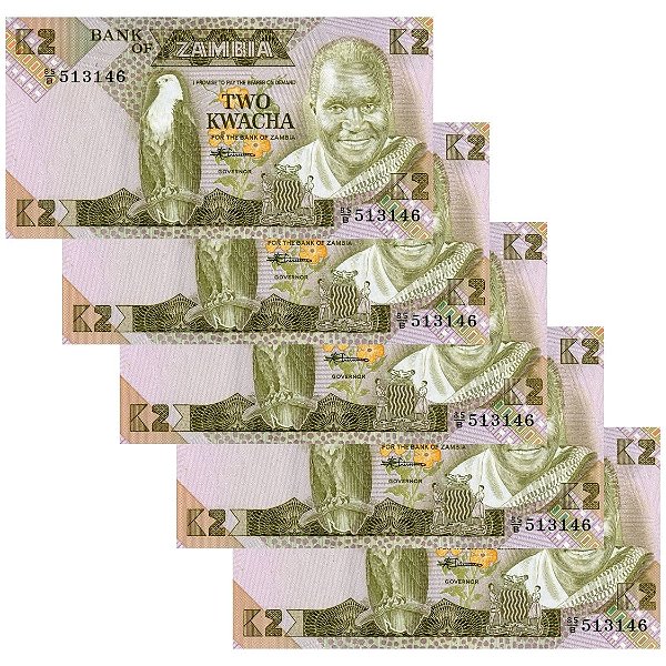 Zambia - 5 Cédulas de 2 Kwacha 1986 - P-24c - Sequência - FE