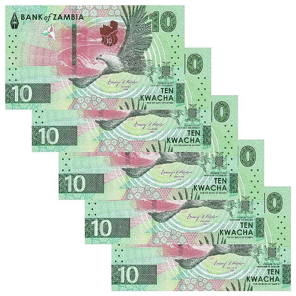 Zambia - 5 Cédulas de 10 Kwacha 2024 - P-62a - Hibrida - Sequência - FE
