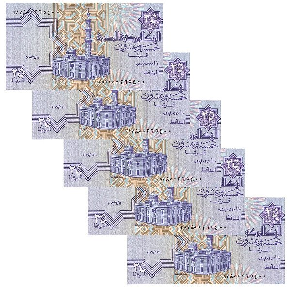 Egito - 5 Cédulas de 25 Piastres 2007 - P-57h - Sequência - FE