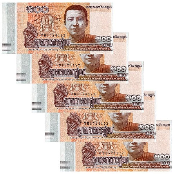 Camboja - 5 Cédulas de 100 Riels 2014 - P-65a - Sequência - Flor de Estampa