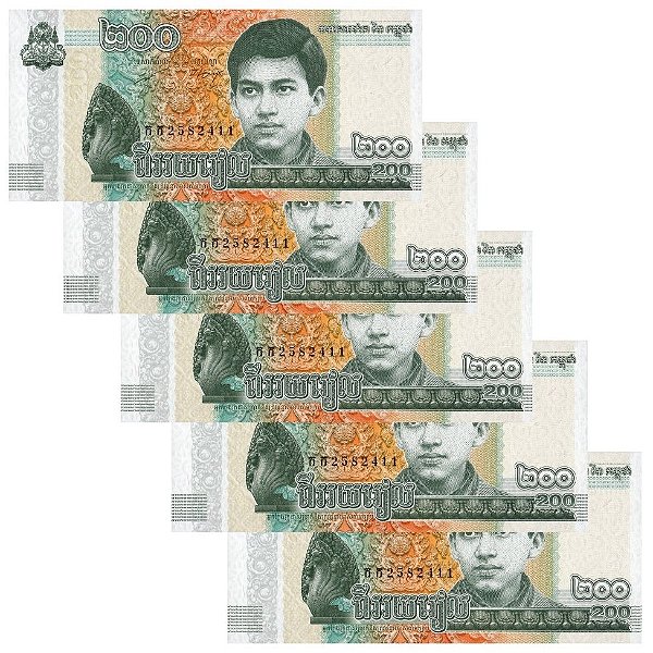 Camboja - 5 Cédulas de 200 Riels 2022 - P-65Aa - Sequência - Flor de Estampa