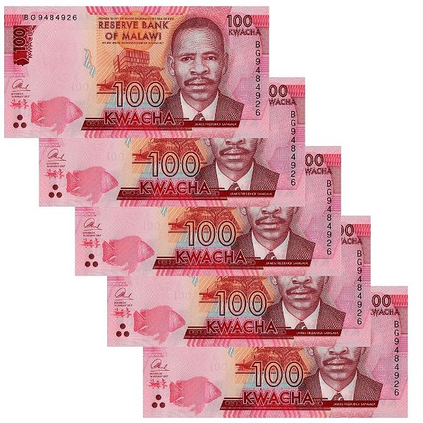 Malawi - 5 Cédulas de 100 Kwacha 2017 - P-65c - Sequência - Flor de Estampa