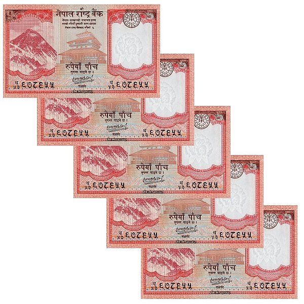 Nepal - 5 Cédulas de 5 Rupees 2020 - P-76b - Sequência - Flor de Estampa