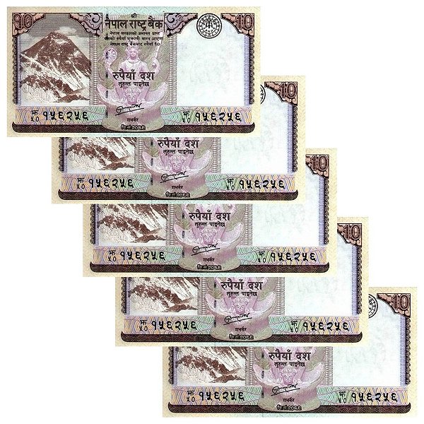 Nepal - 5 Cédulas de 10 Rupees 2012 - P-70a - Sequência - Flor de Estampa