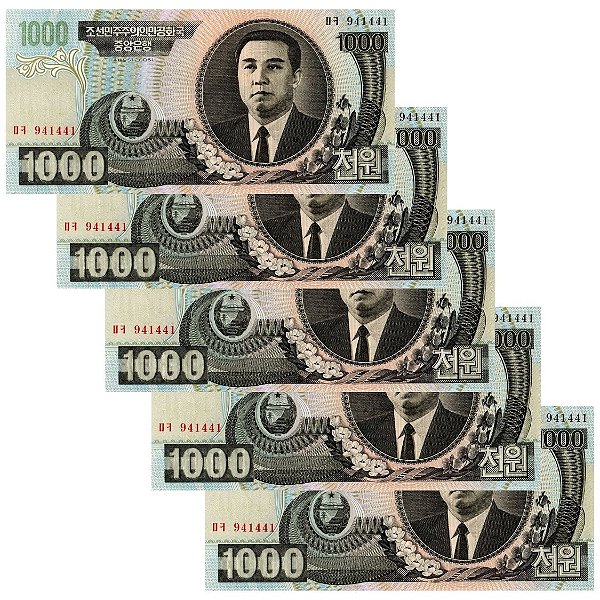 Coréia do Norte - 5 Cédulas de 1000 Won 2006 - P-45b - Sequência - Flor de Estampa