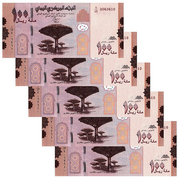 Iemen - 5 Cédulas de 100 Ryals 2018 - P-37a - Sequência - Flor de Estampa