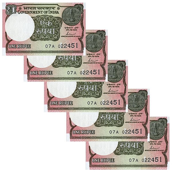 India - 5 Cédulas de 1 Rupee 2017 - P-117c - Sequência - Flor de Estampa