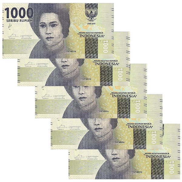 Indonesia - 5 Cédulas de 1000 Rupiah 2016 - P-154a - Tjut Meutia - Sequência - Flor de Estampa