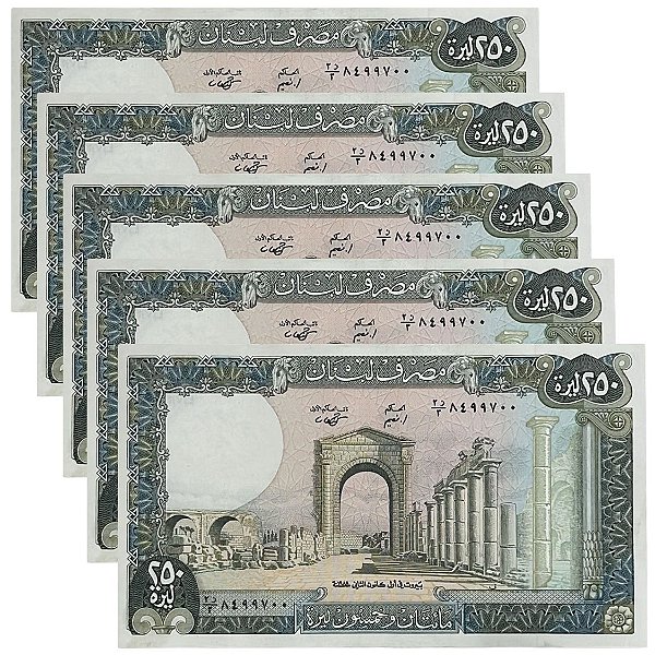 Libano - 5 Cédulas de 250 Livres 1986 - P-67e - Módulo Grande - Soberbas