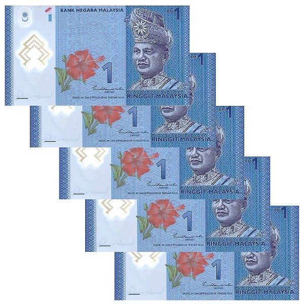 Malasia - 5 Cédulas de 1 Ringgit 2021 - P-51c - Polimero - Sequência - Flor de Estampa