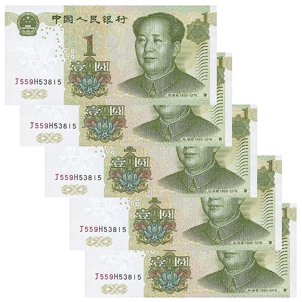 China - 5 Cédulas de 1 Yuan 1999 - P-895d - Sequência - Flor de Estampa