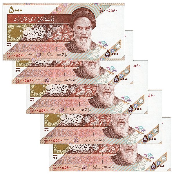 Irã - 5 Cédulas de 5.000 Rials 2015 - P-152b - Sequência - FE