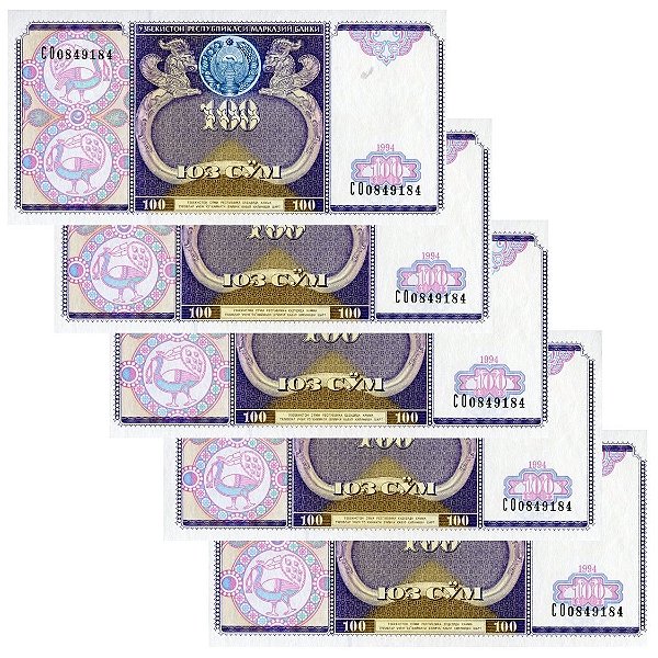 Uzbequistão - 5 Cédulas de 100 Som 1994 - P-79a - Sequência - Flor de Estampa